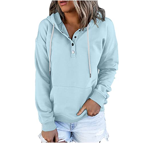 tsaChick Kapuzenpullover Herbst 2023 Damen mit Kapuze Feste Farbe Langarm-Sweatshirt lässig Bluse Pullover Tops w2897 Light Blue 36 von tsaChick