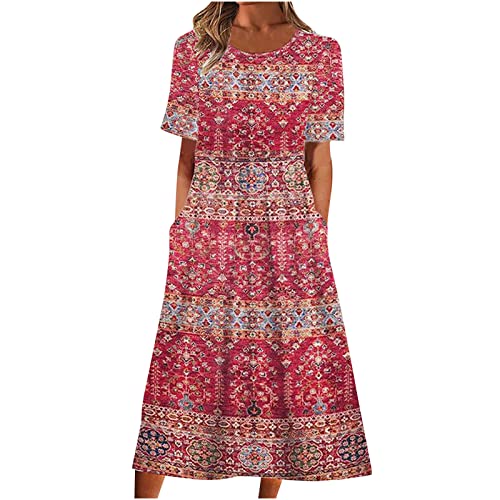 tsaChick Kleid Damen Sommer Sommerkleid Damen Midi Große Größen Frauen Sommer Casual Print Rundhals Kurzarm Loses Kleid Böhmisches Sommer Strandkleid Mit Tasche Jeans Kleid Für Damen Kurzarm von tsaChick