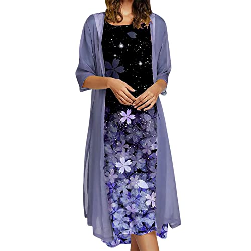 tsaChick Kleid Lang Damen Kleider Elegant Strand A-Linie Drucken Freizeitkleid Langarm Sommerkleider Boho Lose Maxi Langes Kleider Große Größe Strandkleider Mit Tüll Strickjacke von tsaChick
