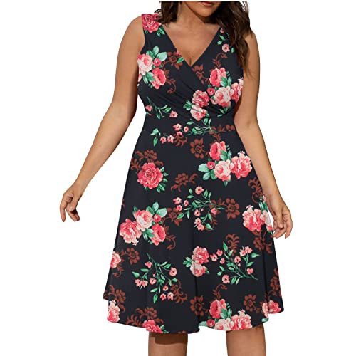 tsaChick Kleid Mit Lochstickerei Frauen Sommer Casual Plus Size V-Ausschnitt Print Ärmelloses Boho Kleid Swing Kleid Mit Taschen Kleid Mintdamen Festlich Kleid 3/4 Arm Damen Kleid 158 Jäckchen Für von tsaChick