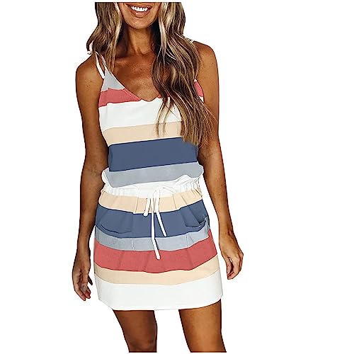 tsaChick Kleider Damen Sommer Kurz Ladies Ärmellos Minikleid 2023 Sale Angebote Mädchen Teenager Kleid Damen Sommer V-Ausschnitt Striped Mini Kordel Spaghetti Businesskleider für Damen LYB32 von tsaChick