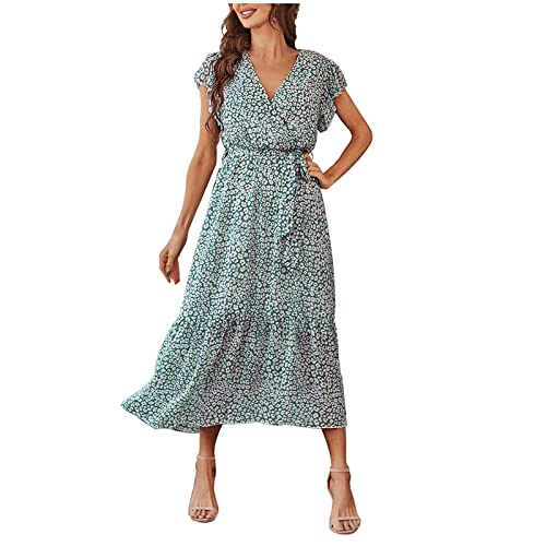 tsaChick Kleider Lang Sommerkleid Damen Kurzarm Damen Sommerkleid Knielang Damen Boho Sommerkleider Blumen Kurzarm Retro Knielang Strandkleider V Ausschnitt Elegant Maxikleid von tsaChick