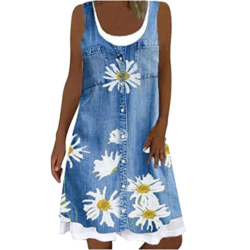 tsaChick Kleidung Damen Ab 50 Sommerkleid Damen Ärmellos Strandkleid Einfarbig A-Linie Lose Kleid Boho Blumendruck Knielang Kleid Freizeitkleid Minikleid Vestkleid von tsaChick