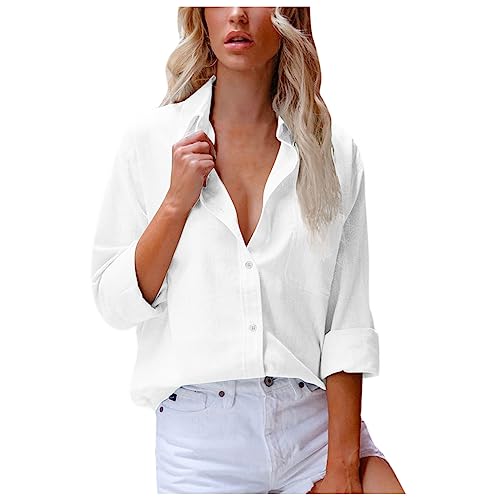 tsaChick Lässige Damen-Bluse mit Knopfleiste und Langen Ärmeln V-Ausschnitt hochgekrempelte Ärmel solide Arbeitsbluse mit Taschen White 114 XL 40 von tsaChick