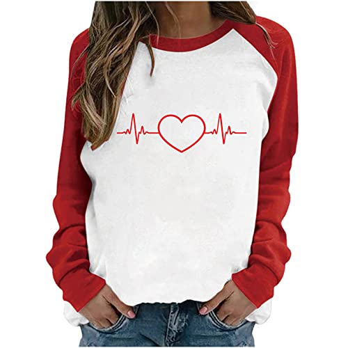 tsaChick Langarmshirt Damen Schwarz Spitze Frauen Herbst Und Winter Heartbeat Gedruckt Lässig Langarm Rundhals T-Shirt Strickjacke Damen Schwarz Mit Reißverschluss Damen Langarm Oberteil Strickjacke von tsaChick