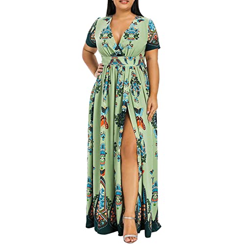 tsaChick Lange Sommerkleider Damen Plus Größe Frauen Schmetterling Druck V-Ausschnitt Kurze Ärmel Schlitz Kleid Kleid Damen Midi Kleid Blau Weiß Klebestreifen Für Kleidung Jeans Kleider Damen Sommer von tsaChick