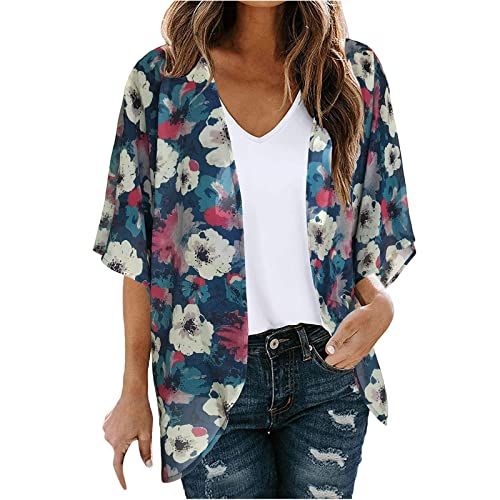 tsaChick Langes Tshirt Damen Damen Chiffon Kimono Cardigan 3/4 Arm Bikini Cover Up Blumen Print Leichte Strand Offene Front Jacke für Sommer von tsaChick