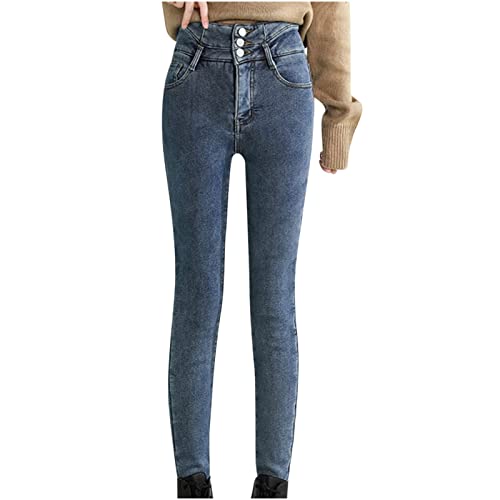 tsaChick Leggins gefüttert Fleece Winter Warme Sherpa Fleece gefütterte Jeans für Damen Hoch taillierte Dehnbare Kaschmir Leggings Plüsch Dehnbare Skinny Thermo Jeans t127 Blue 34 von tsaChick