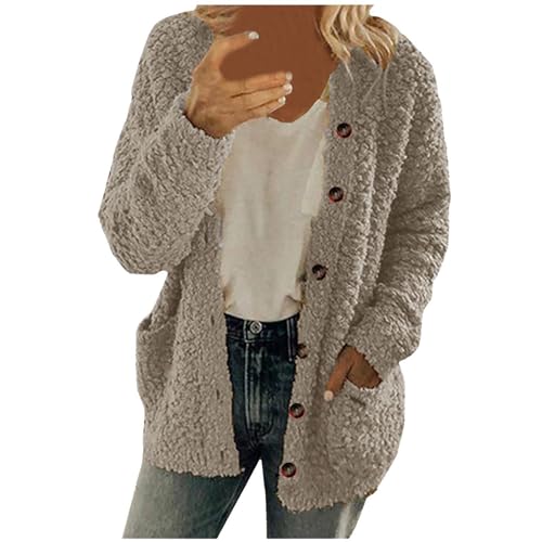 tsaChick Leichte Jacke Damen Pullover Mantel Lässig Plus Größe Plüsch Pullover Taschen Oberbekleidung Knöpfe Strickjacke Mantel S-5XL von tsaChick