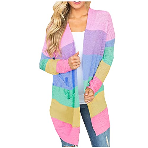 tsaChick Lightweight Knitted Water Minz Wasser Damen Regenbogen Farbe Streifen Lange Ärmel gestrickt Strickjacke Pullover Mantel KSK15 von tsaChick