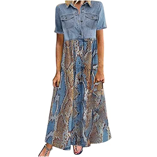 tsaChick Lmitation Denim-Kleid für Damen Lässige Kurzarm-Knöpfe mit geknöpftem Babydoll-Hemd Jeanskleid Vintage-Blaues Jeans-Knopf-Up-Shift-Denim-Kleid Retro-Schnappkleid Midi-Länge von tsaChick