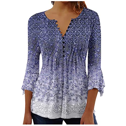 tsaChick Longbluse Damen, Angebote des Tages Teenager Mädchen Hemden V-Ausschnitt Elegant WeißEs Blusenshirt Damen Slim Blumen 3/4-Arm Activewear-Langarmshirts für Damen Knopfleiste LTM42 von tsaChick