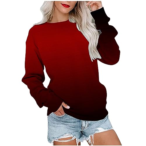 tsaChick Longbluse Damen Damenmode Sale Rundhalsausschnitt Oberteil Flanellbluse Damen Lässig Weit geschnitten Blusenbody Damen Rot Long Sleeve Farbverlauf Frauen LTH44 von tsaChick
