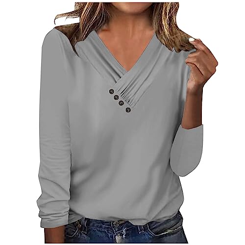 tsaChick Longbluse Damen Damenmode Sale V Ausschnitt Klassisches Hemd Dirndlbluse Mode Knopfdiagonaler V-Ausschnitt Loose Tshirt Damen Weiss Rundhals Langarm Einfarbige Female LTH54 von tsaChick