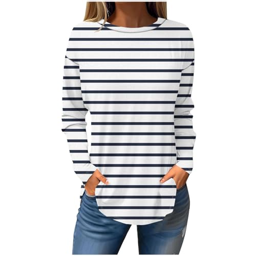 tsaChick Longtops Damen Lang Sale Angebote Damen Rundhals Long Sleeve Entspannte Passform Hemd Freizeit Streifen Hemdblusenkleid Damen Teenager Mädchen Blusenkragen Einsatz Damen GrüN LTI6 von tsaChick