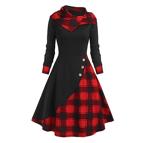 tsaChick Maxikleid Langärmliges Kleid mit V Ausschnitt und mittlerer Wade Gothic Vintage Plaid Panel Hooded Button Dress Retro Dark Midi Dress &578Bto von tsaChick
