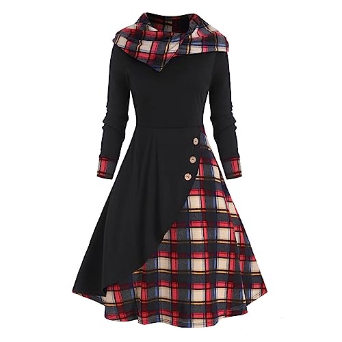 tsaChick Maxikleid Langärmliges Kleid mit V Ausschnitt und mittlerer Wade Gothic Vintage Plaid Panel Hooded Button Dress Retro Dark Midi Dress &578Bto von tsaChick