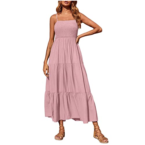 tsaChick Mittelalter Kleid Renaissance Damen, Damen Sommer Rundhals rüschen Kurzarm Boho lang Kleid, Boho Kleid Damen lang Sommer, Pink S 34 von tsaChick