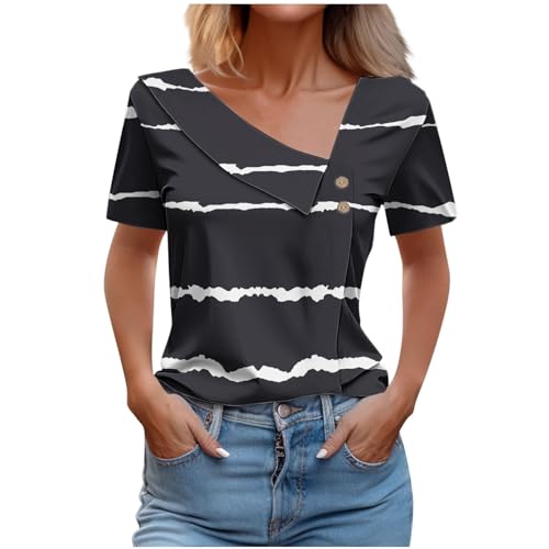 tsaChick Musselin Bluse Damen Sale Angebote Weiße Bluse Damen für Teenager Mädchen Sommer Bluse Lässig Langarmshirts FüR Damen Striped Druckknopf Kurzarm Damen-Blusen mit Button-down-Kragen DXD57 von tsaChick