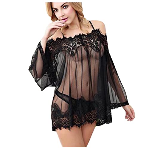 tsaChick NachtwäSche Damen Set Kurz Spitze Babydoll G String Damen Spitzen Push Up BH Sets Wetlook Dessous Frauen Dessous Frauen Sexy 2 Teiliges Set Dessous Damen Sexy ReizwäSche Schwarz XXL von tsaChick