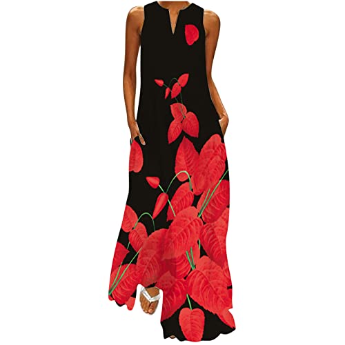 tsaChick Neckholder Kleid Damen Cocktailkleid Damen Kleider Boho Vintage Sommerkleid V-Ausschnitt Ärmelloses Ethnisch Print Strandkleider Leinenkleid Geblümtes Kleid mit Taschen Große Größe Maxi Lang von tsaChick