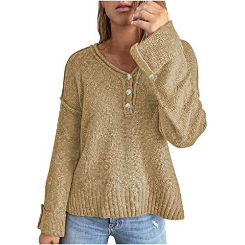 tsaChick Pullover Strickjacken Jacken Damen V Ausschnitt Sweater Damen Casual Soild Langarm Knopf Strick Pullover V Ausschnitt Pullover Mantel Khaki M CJ135 von tsaChick