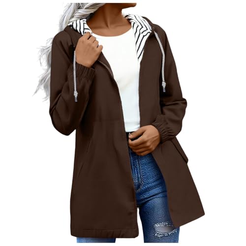 tsaChick Regenjacke Damen Lang Wasserdicht Atmungsaktiv Regenmantel Leichte Windbreaker Outdoorjacke Dünne Regenjacken Übergangsjacke Windjacke mit Kapuze Und Kordelzug von tsaChick