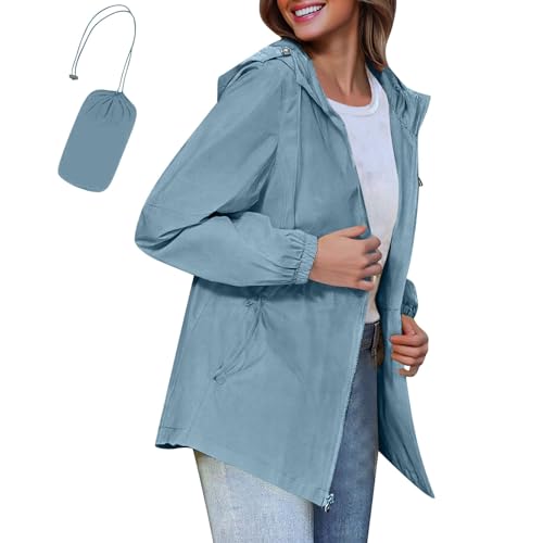Regenjacke Damen Wasserdicht Atmungsaktiv Faltbar Regenjacken mit Kapuze Leichte Outdoorjacke Windjacke Dünne Packbar Regenmantel Übergangsjacke Windbreaker Jacke Mit Kordelzug Und Taschen von tsaChick