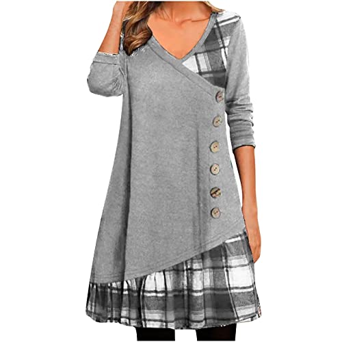 tsaChick S-5XL Sommerkleid Damen Herbst Locker Plus GrößE Patchwork Maxikleid Plaid Patchwork Mit KnöPfen Unterhalb des Knies Liegendes Kleid V-Ausschnitt Langarm Freizeitkleid Kleider Damen von tsaChick