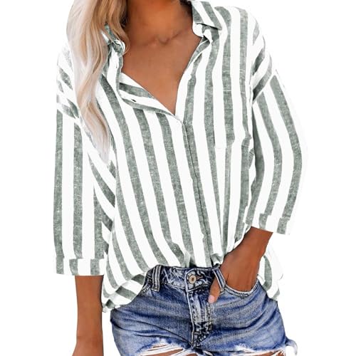 tsaChick Shirt Damen Tshirt Damen Gestreift Gestreift Lose Bluse Weiss Damen Kurze Bluse Damen Kläppchenkragen 3/4 Ärmel Sport Shirt Damen Shirt Weiß Damen Elegante Blusen Lässig 2024 Neu D8227 von tsaChick