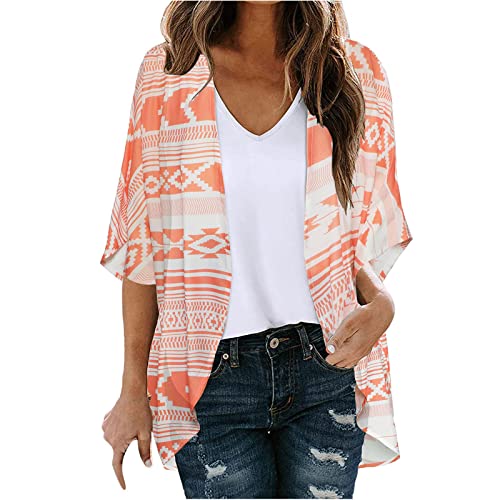 tsaChick Shirt Schwarz Damen Damen Chiffon Kimono Cardigan 3/4 Arm Bikini Cover Up Blumen Print Leichte Strand Offene Front Jacke für Sommer von tsaChick