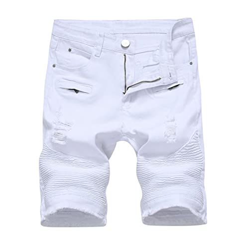 tsaChick Shorts Herren Sport Baumwolle Herren Ripped Denim Trunks Stretchy Washed Jeans Trunks Cut Off Classic Fit Biker Jeans Trunks Bermuda Shorts Herren Badehose Shorts Herren Weiß Bermuda Shorts von tsaChick