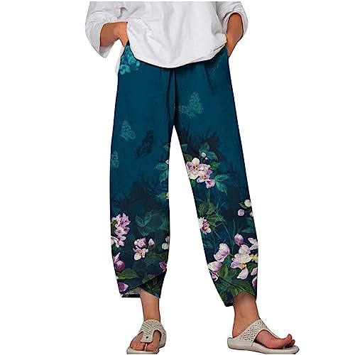 tsaChick Sommerhose Damen leicht schwarz lang, Sommerhose Damen leicht 7/8 weites Bein, Leinenhose Damen Sommer kurz, Blue XXL von tsaChick