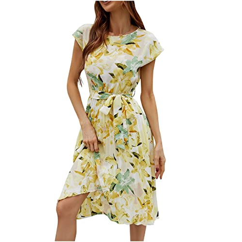 tsaChick Sommerkleid Damen Chiffon Knielanges Kleid Casual Lässiges Kurzarm Rundhalsausschnitt Kleider Schlanke Passform Taille Krawatte Slim Fit Plissiertes Druck Kleid Faltenrockkleid Women's Kleid von tsaChick