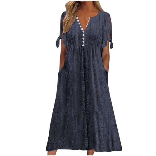tsaChick Sommerkleid Damen Knielang Sale Angebote Tunika Kleid Kurzarm Unterhalb des Knies Kleid Sommerkleider mit V-Ausschnitt und kurzen Ärmeln, einfarbig, zum Knöpfen DSB92 von tsaChick