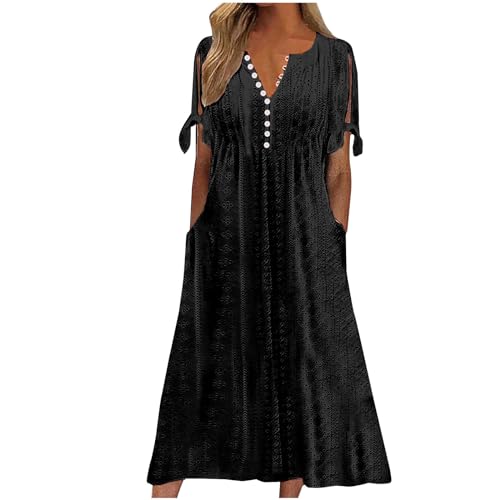 tsaChick Sommerkleid Damen Knielang Sale Angebote Tunika Kleid Kurzarm Unterhalb des Knies Kleid Sommerkleider mit V-Ausschnitt und kurzen Ärmeln, einfarbig, zum Knöpfen DSB92 von tsaChick