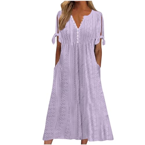tsaChick Sommerkleid Damen Knielang Sale Angebote Tunika Kleid Kurzarm Unterhalb des Knies Kleid Sommerkleider mit V-Ausschnitt und kurzen Ärmeln, einfarbig, zum Knöpfen DSB92 von tsaChick