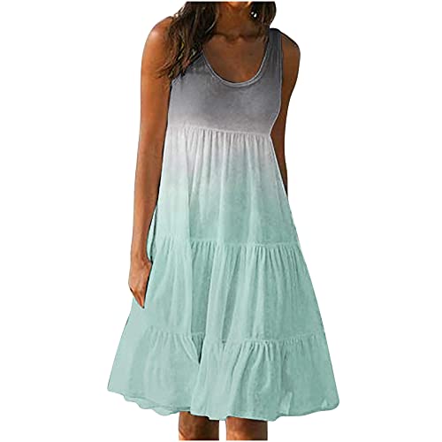 tsaChick Sommerkleid Damen Kurz Gradient Strandkleid S-5XL Mode 2023 einfarbig Farbverlauf ärmellos U-Ausschnitt Knielang A-Linie Kleid Neue plissiert hohe Taille Swing Kleid Minikleid MäDchen von tsaChick