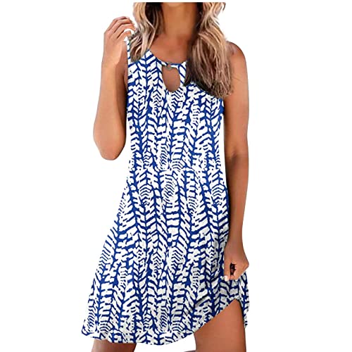 tsaChick Sommerkleid Damen Kurz Vintage Druck Minikleid Mode 2023 ärmellos Knielang Tunika Kleid Neue Rundhalsausschnitt böhmischen Strandkleid lässig Kleid Tankkleid Frauen MäDchen Umstandskleider von tsaChick