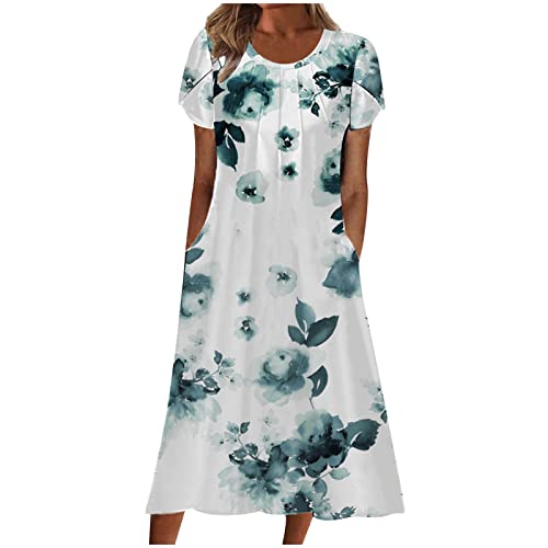 tsaChick Sommerkleid Damen Lang Blütenblattärmeln A-Linien Kleid S-3XL Mode 2023 Kurzarm einfarbig Blumen Kleid Strandkleid Tasche Neu Fischgrät plissiert Rundhals Freizeitkleid Abschlusskleid von tsaChick