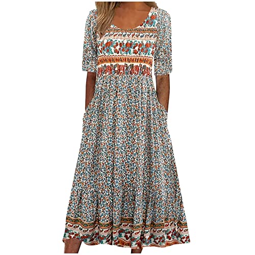 tsaChick Sommerkleid Damen Lang Boho Maxikleid S-3XL Mode 2023 Kurzarm Langes Kleid mit Taschen Neu Rundhalsausschnitt Strandkleider Partykleider Vintage Freizeitkleider MäDchen Umstandskleider von tsaChick