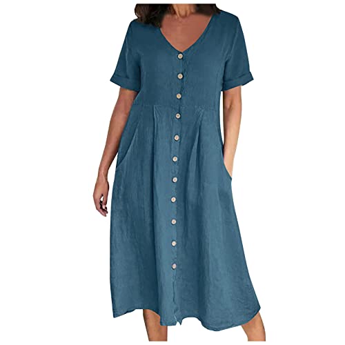 tsaChick Sommerkleid Damen Lang Leinenkleid Sommer S-5XL Mode 2023 Kurzarm V-Ausschnitt Knopf Knielang Partykleid mit Taschen Neue Einfarbig Abschlusskleid Freizeitkleid Strandkleid Frauen MäDchen von tsaChick