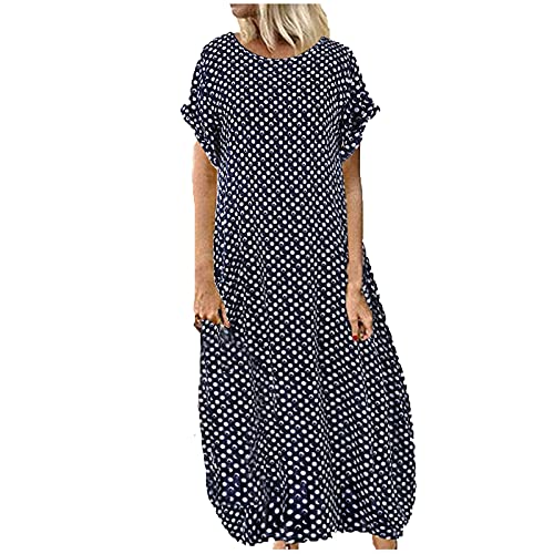 tsaChick Sommerkleid Damen Lang Plus GrößE Polka Dot Maxikleid Kurzarm Lose KnöChellanges Freizeitkleid Casual Kleine Tupfen Druck Strandkleid Taschen Langes Kleid Frauen MäDchen Sommer Dress XL-5XL von tsaChick