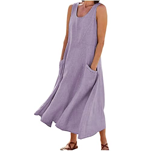 tsaChick Sommerkleid Damen Lang Solide Leinen Kleid S-5XL Mode 2023 ärmelloses Rundhals lockeres Strandkleid mit Taschen neues einfarbig Camisole Maxikleid Partykleid Frauen MäDchen Umstandskleider von tsaChick