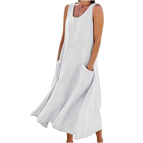 tsaChick Sommerkleid Damen Lang Solide Leinen Kleid S-5XL Mode 2023 ärmelloses Rundhals lockeres Strandkleid mit Taschen neues einfarbig Camisole Maxikleid Partykleid Frauen MäDchen Umstandskleider von tsaChick