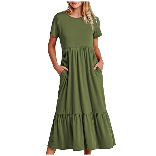 tsaChick Sommerkleid Damen Lang einfarbig Freizeitkleid Mode 2023 Kurzarm Plissee Rundhalsausschnitt Hohe Taille Swing Kleid Neue Solide A Linien Kleid Partykleid Abschlusskleid Mit Tasche MäDchen von tsaChick