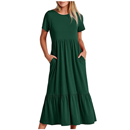 tsaChick Sommerkleid Damen Lang einfarbig Freizeitkleid Mode 2023 Kurzarm Plissee Rundhalsausschnitt Hohe Taille Swing Kleid Neue Solide A Linien Kleid Partykleid Abschlusskleid Mit Tasche MäDchen von tsaChick