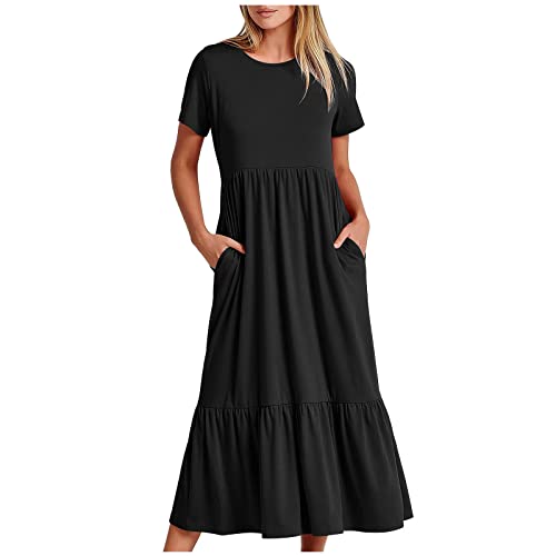 tsaChick Sommerkleid Damen Lang einfarbig Freizeitkleid Mode 2023 Kurzarm Plissee Rundhalsausschnitt Hohe Taille Swing Kleid Neue Solide A Linien Kleid Partykleid Abschlusskleid Mit Tasche MäDchen von tsaChick