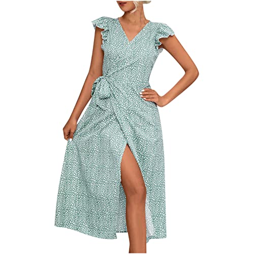 tsaChick Sommerkleid Damen Leichtes Dünn Mode Frühling Sommer Maxikleid Sexy Seitenschlitz Front Lässig V-Ausschnitt Freizeitkleid Unterhalb der Knielänge Kleider Women's Kleid Ärmelloses Kleid Dress von tsaChick