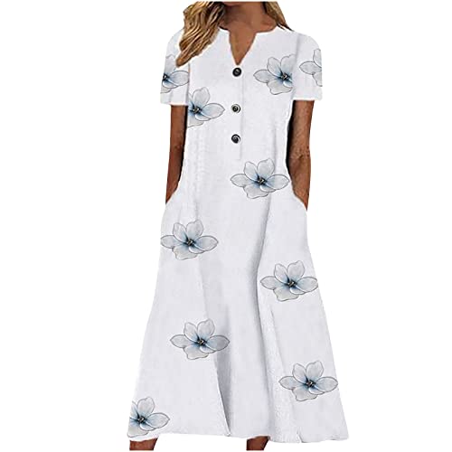 tsaChick Sommerkleid Damen Lose Bedrucktes Langes Kleid Frauen Casual Maxi Dress Mode Geraffter Knöpfen unterhalb des Knies Kleider Kurzarm Freizeitkleid Wadenlanges Kleid Lässige Ladies Kleid S-3XL von tsaChick